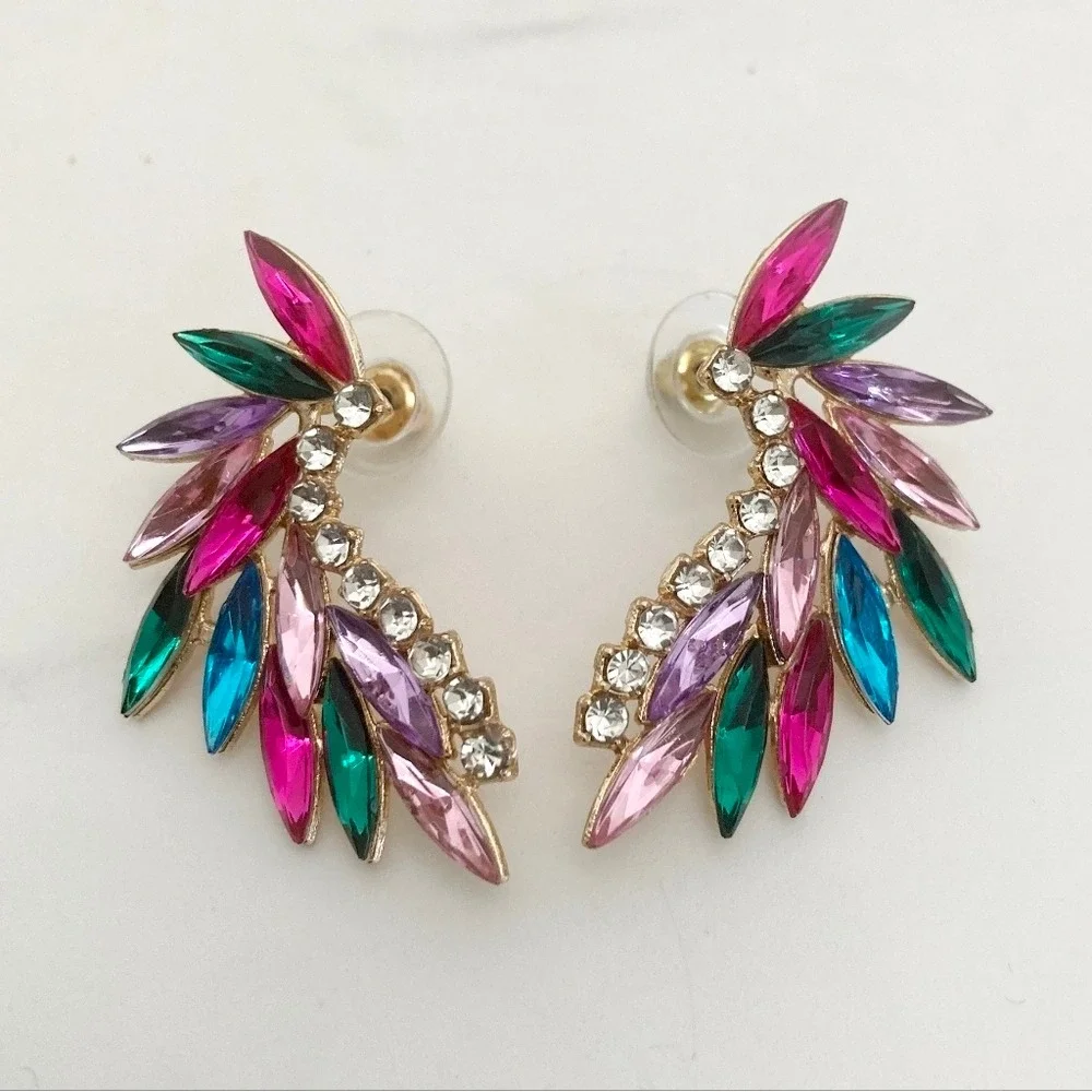 Gold Tone Multicolor Marquise Rhinestone Statement Earrings wedding party 💖